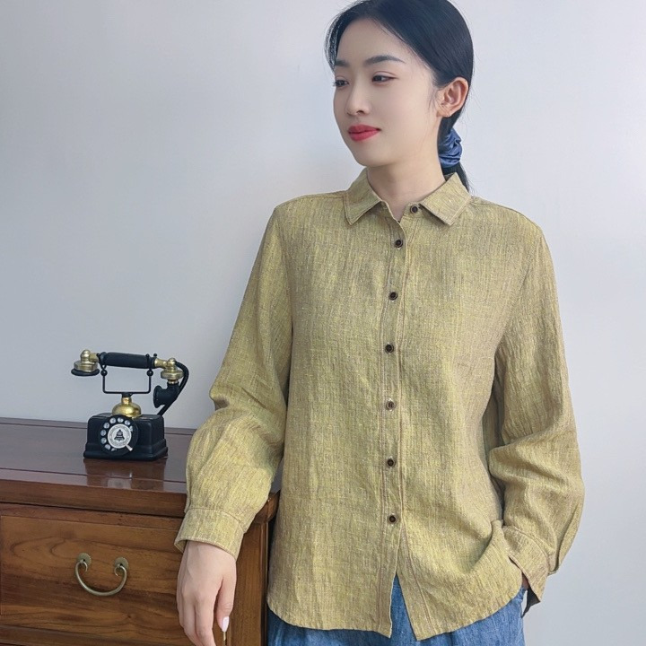 2025新款简约休闲衬衫女文艺复古潮流翻领开衫亚麻长袖妈妈上衣