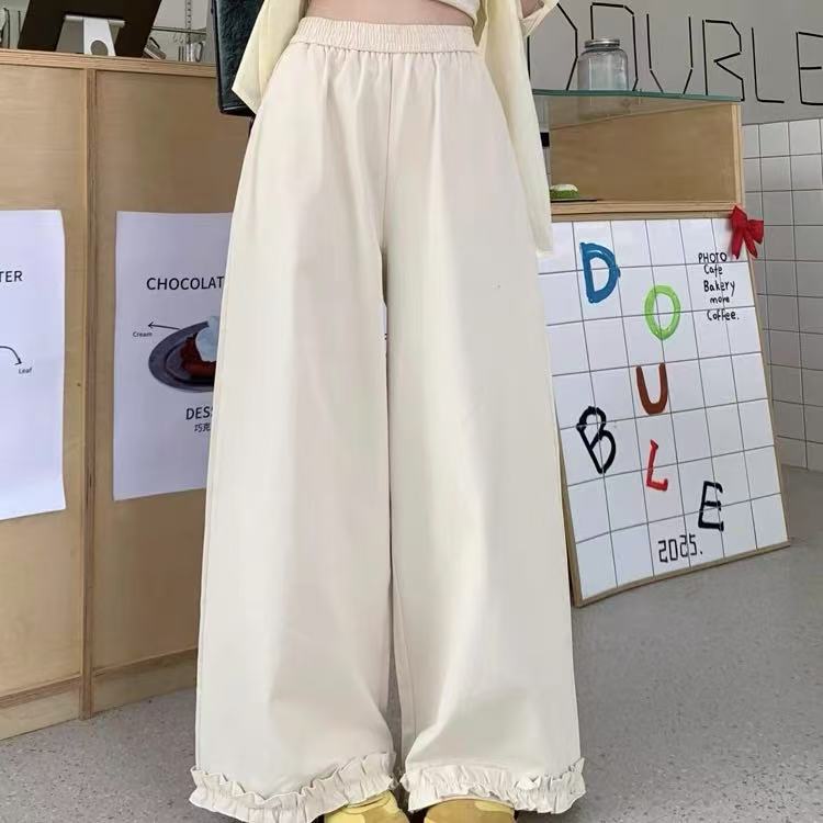 508/2513-1/125松紧腰显瘦直筒休闲裤宽松阔腿裤木耳边裤