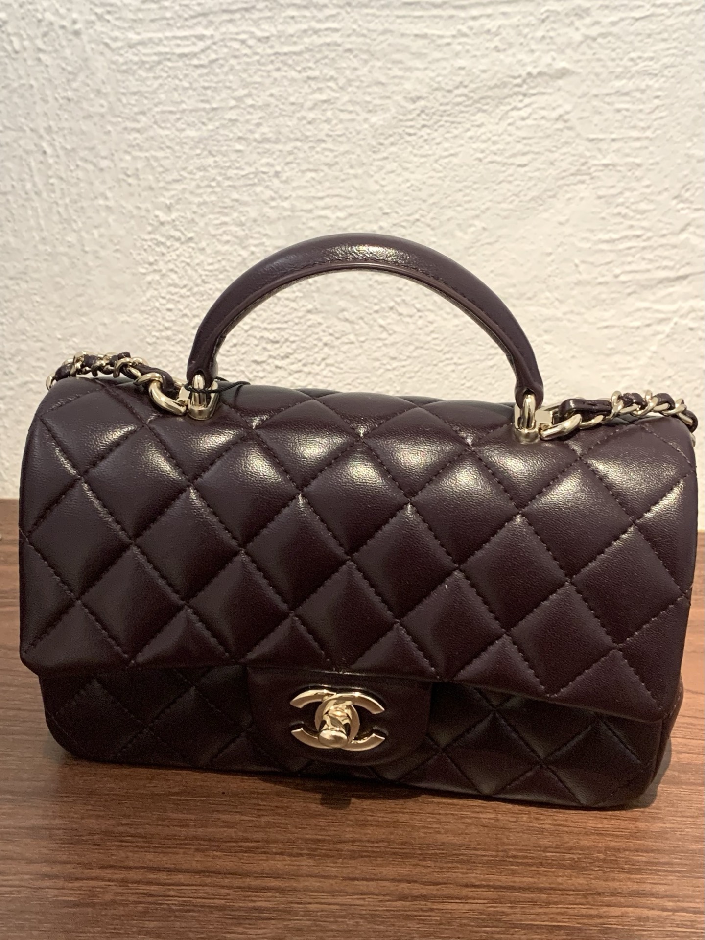 99新 Chanel/香奈儿 深棕色金扣羊皮CF大mini链条包11433957JL