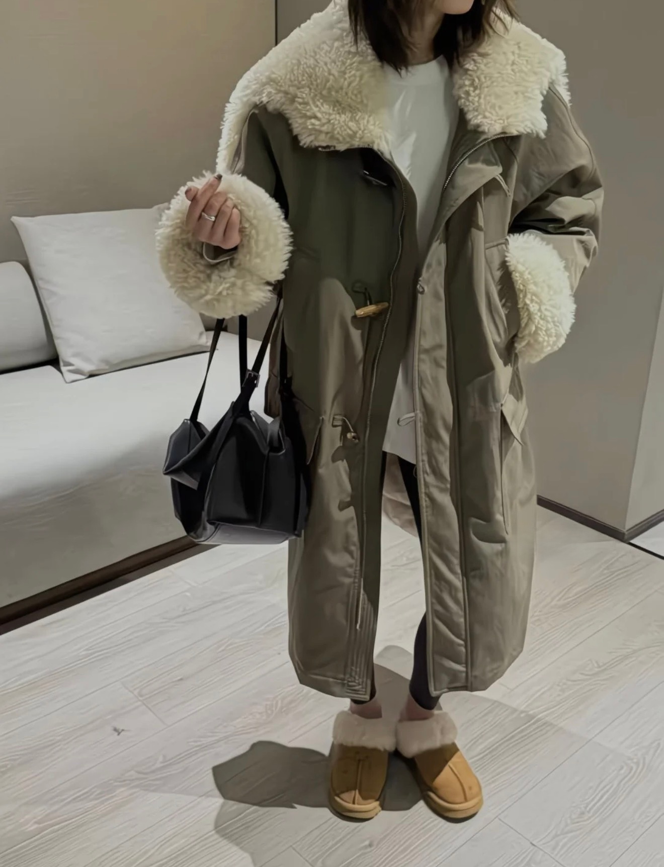 NICE圈圈/超推荐大翻领复古绿色牛角扣长款保暖棉服A2116