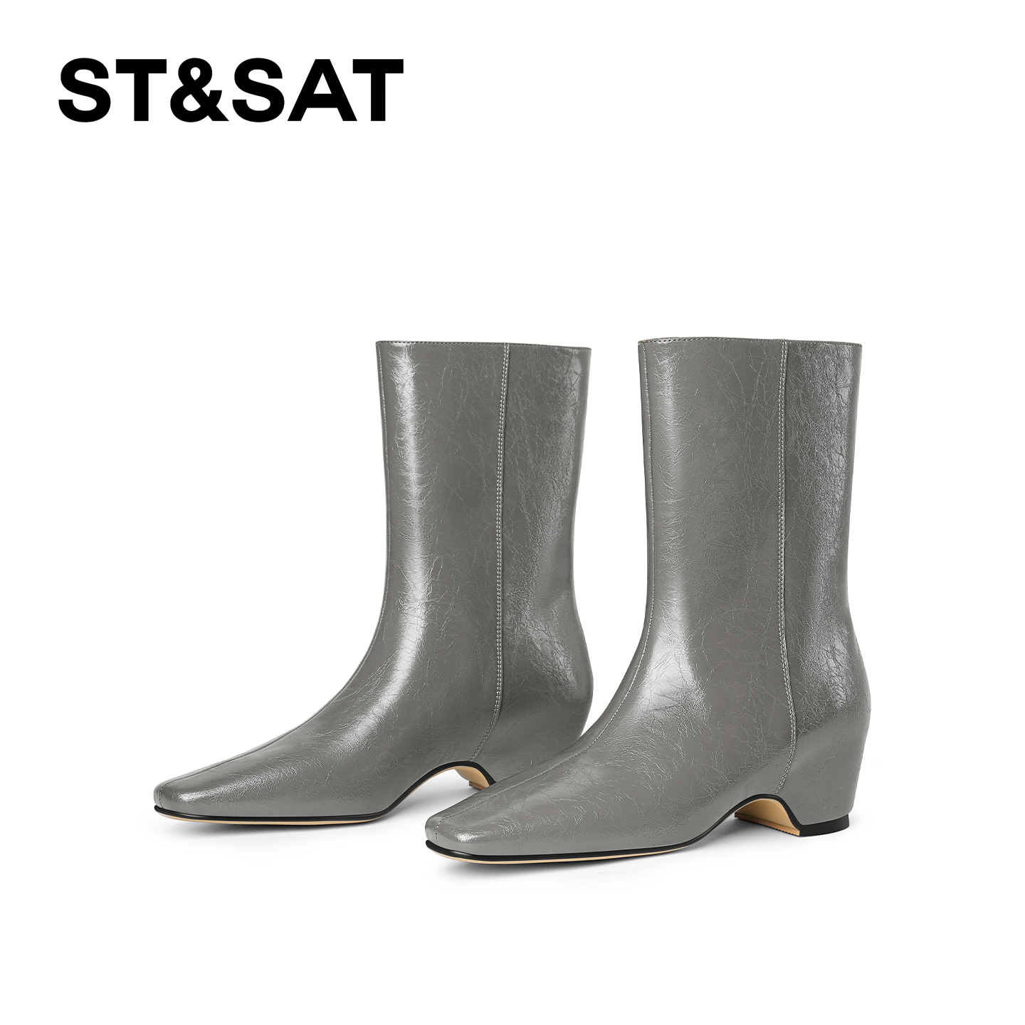 St&Sat/星期六秋冬短靴黑色气质直筒靴时尚百搭方头时装靴