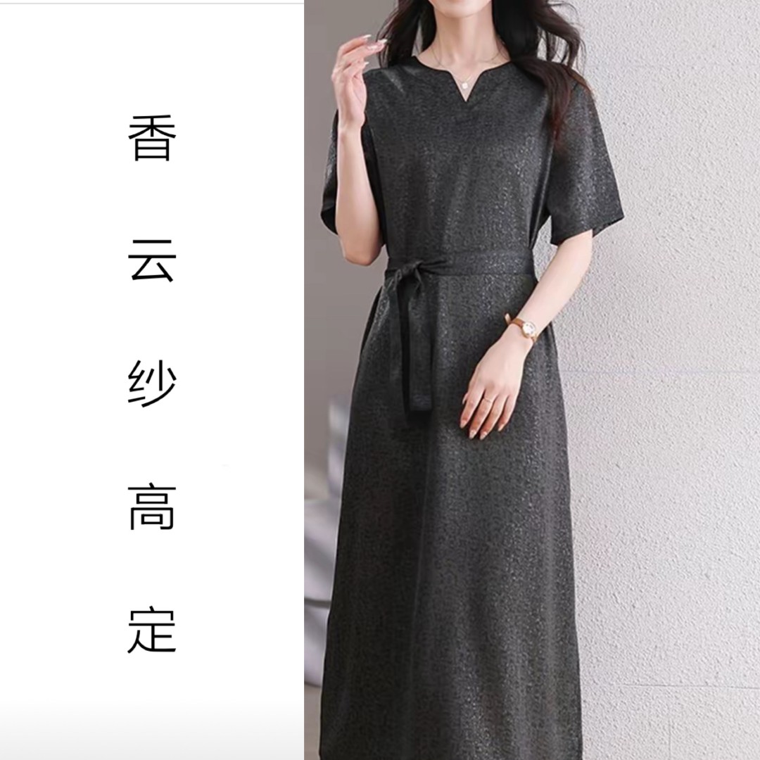 1142黑红纯色裙高端领透气夏季妈妈装连衣裙