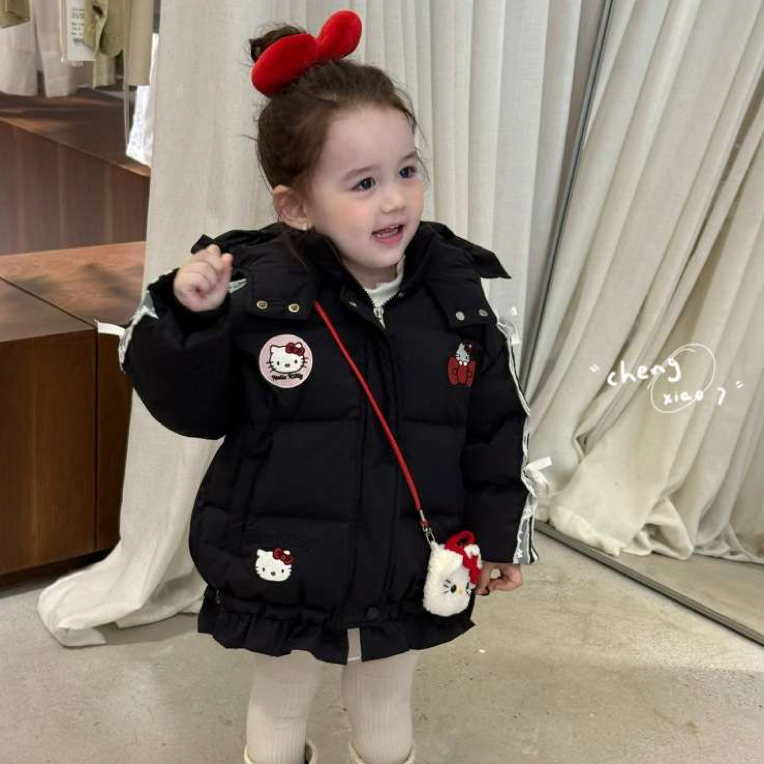 橙小七(现货)25冬款女童刺绣拉链连帽秋冬保暖羽绒服中长款洋气