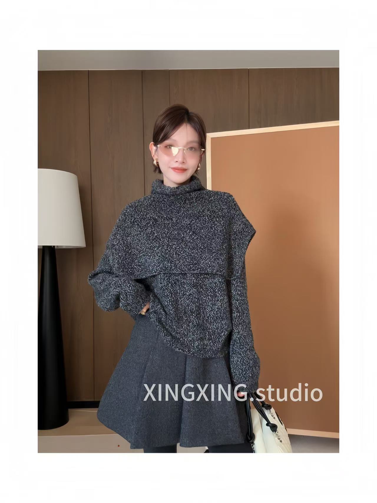 X.x.慵懒高级感深针织上衣女针织披肩斗篷针织衫真两件套252332