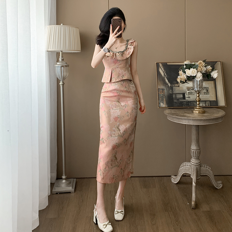 夏季名媛时尚轻奢新中式国风套装女高级感洋气减龄无袖半裙两件套