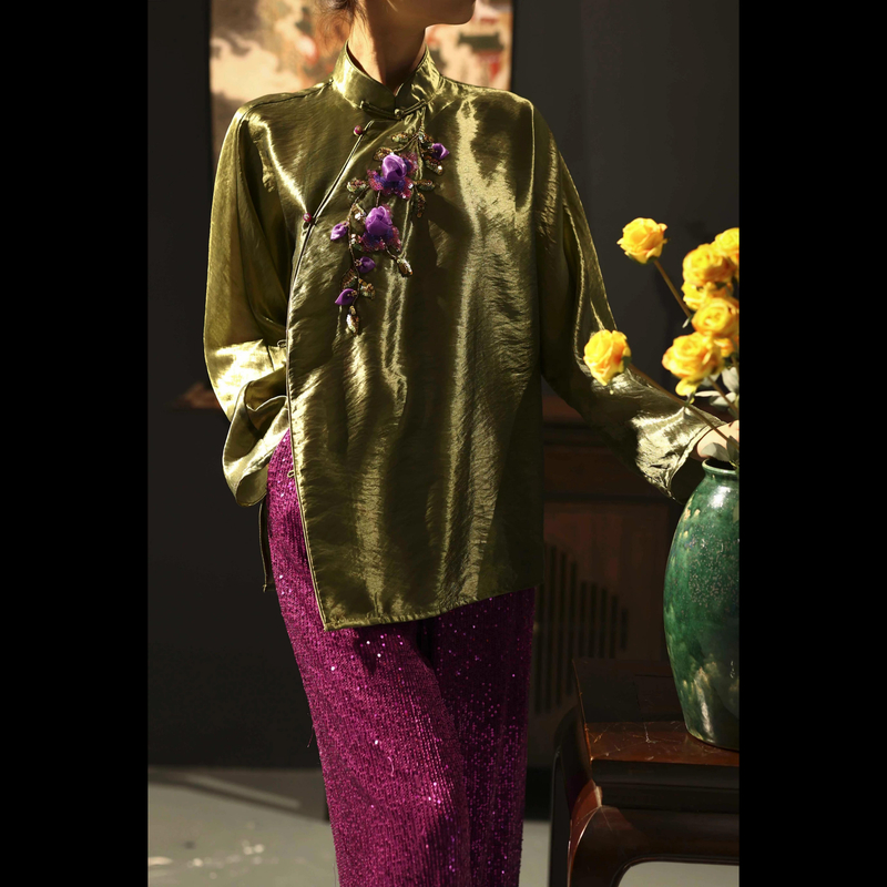 【澜·玉】XM春夏季新中式国风莱赛尔立领重工钉珠明制斜襟女士上衣