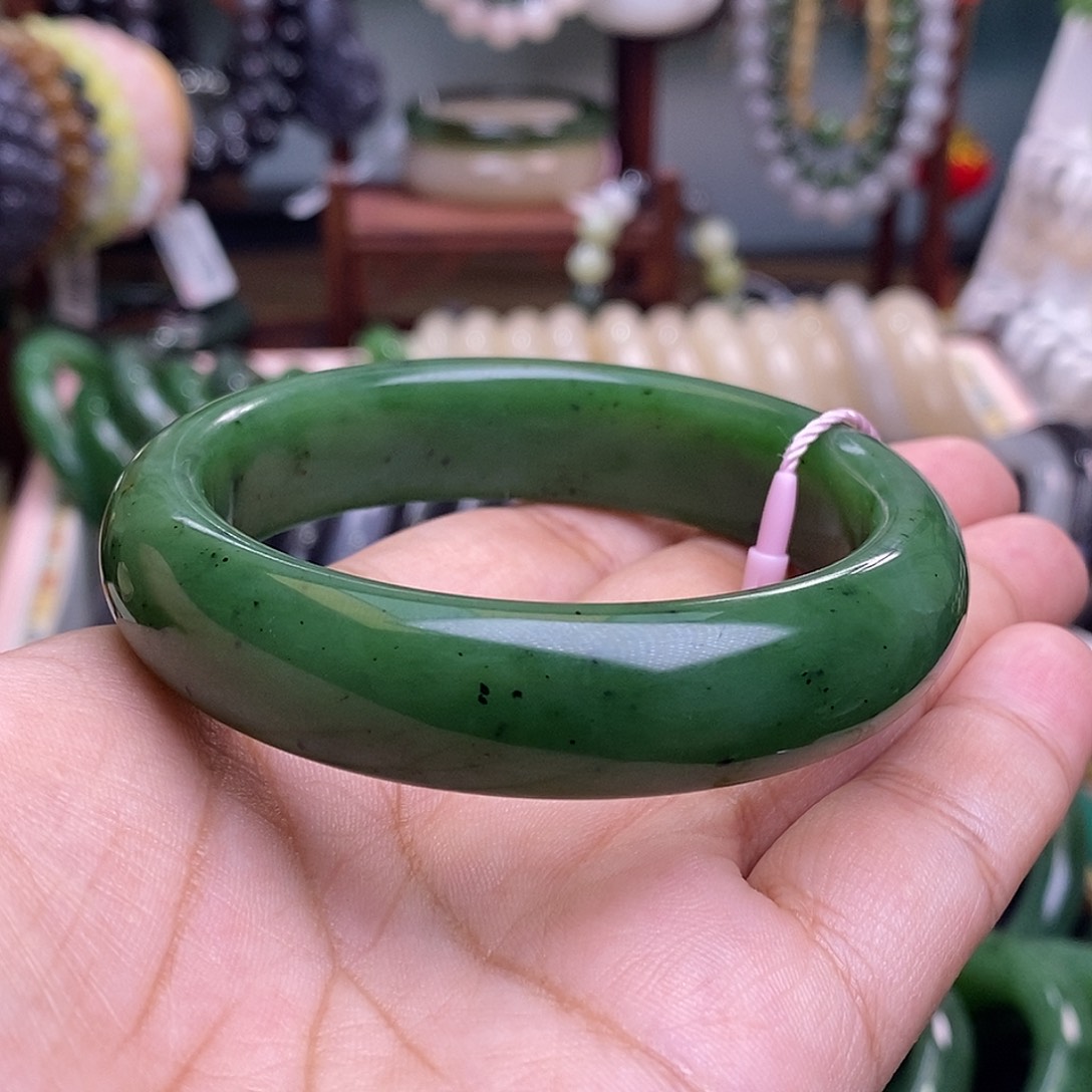 和田玉孤品碧玉菠菜绿宽版高冰老矿料手镯57.3未镶嵌