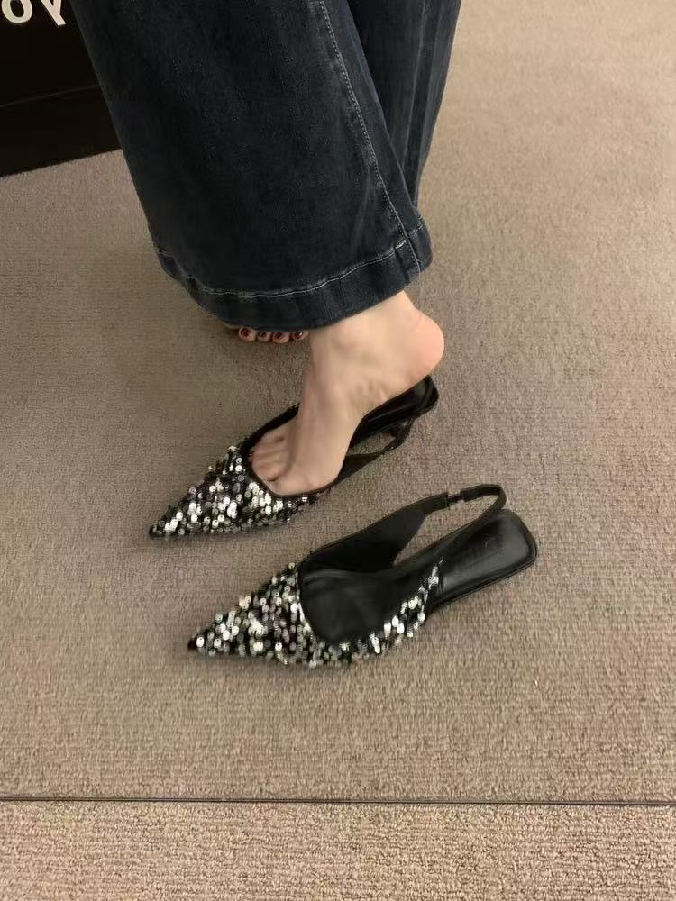 哈哈女鞋 默认微瑕 亮片小根尖头后空单鞋 121-9                