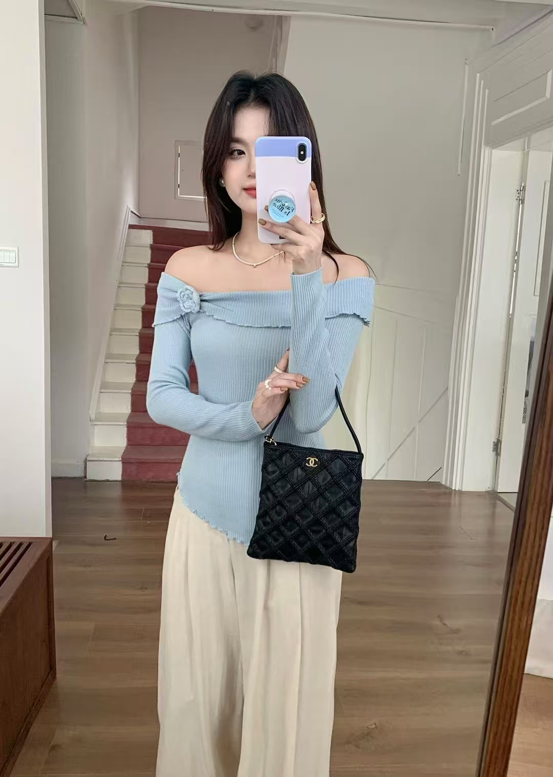 C【01-100】女喇叭袖常规款纯色提花毛针织衫上衣修身复古百搭秋冬