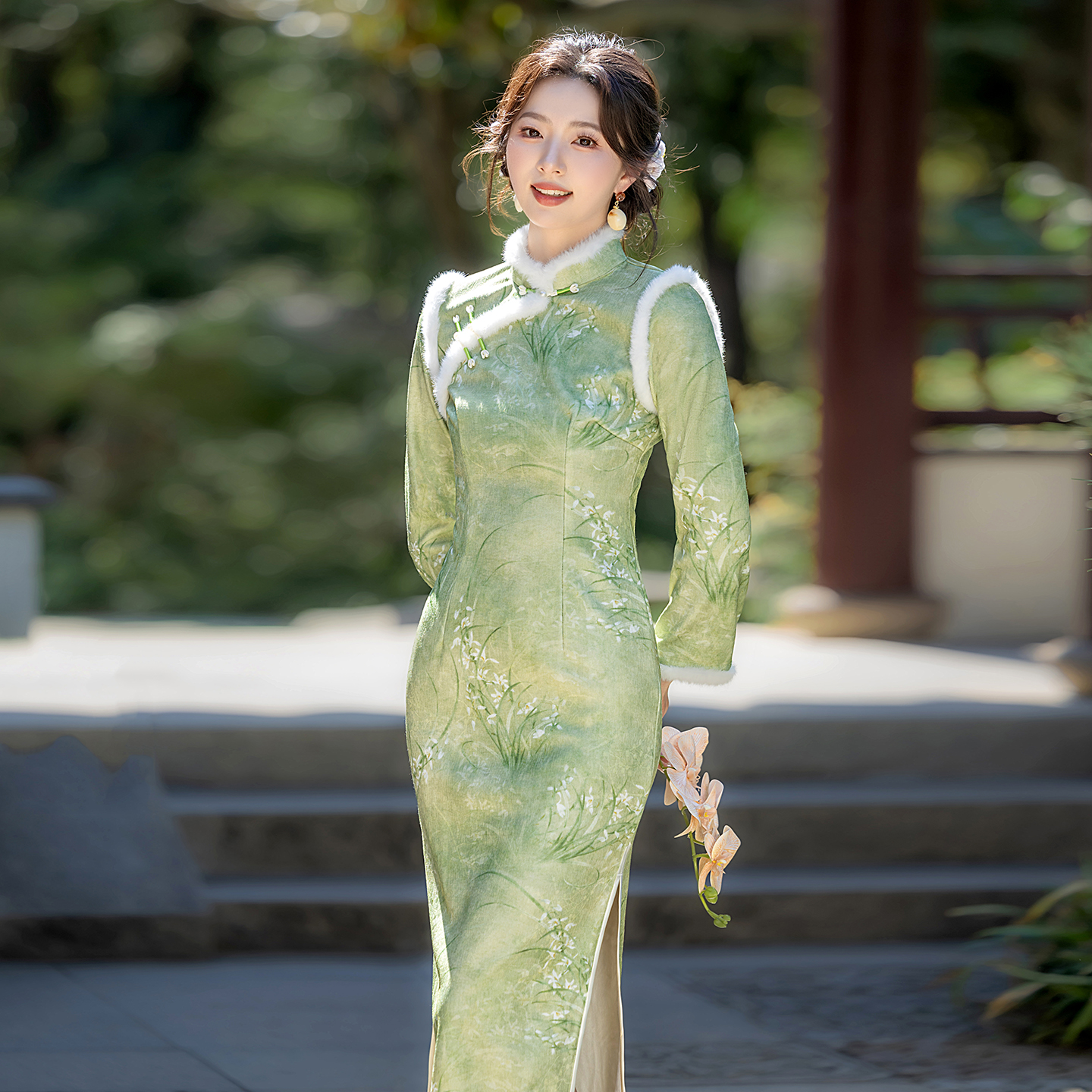 新中式日常冬款年轻修身少女显瘦旗袍加绒加厚保暖长袖改良连衣裙