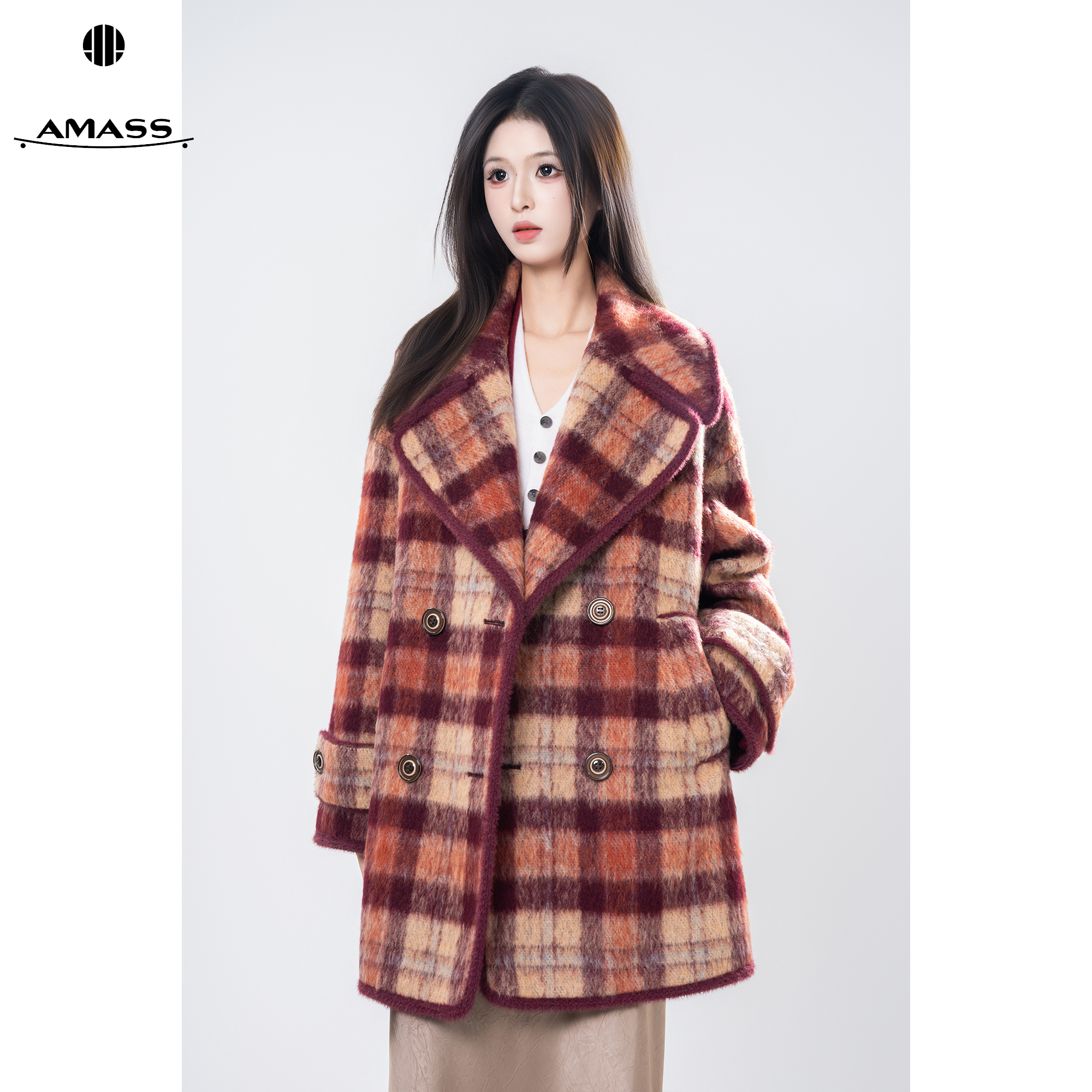AMASS/阿玛施秋冬新款时尚气质经典格纹中长款毛呢外套女 5400842