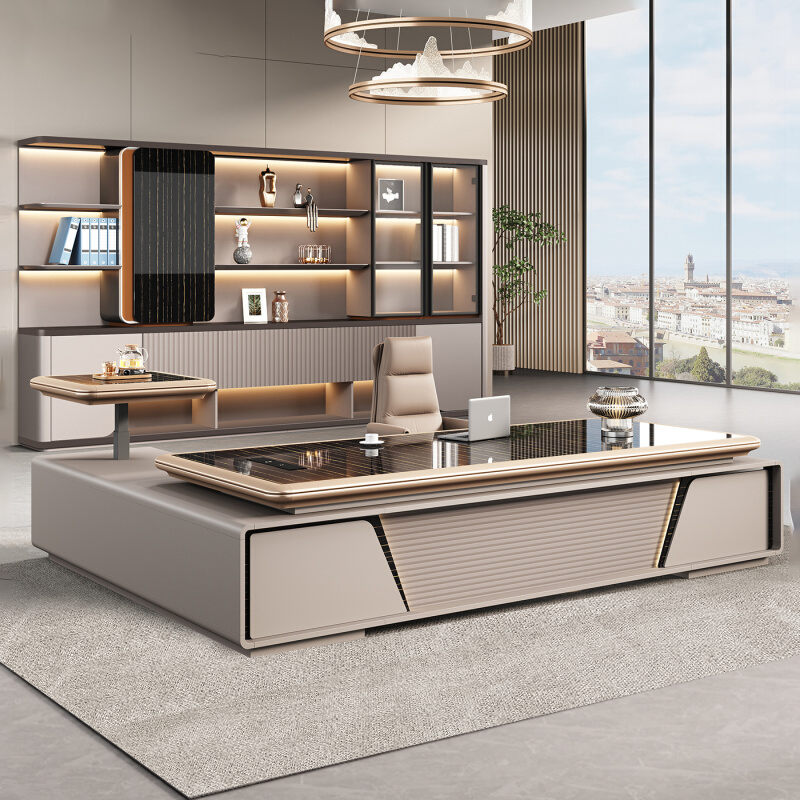 升降简约现代办公桌总裁老板桌椅组合高级感董事长室新中式大班台