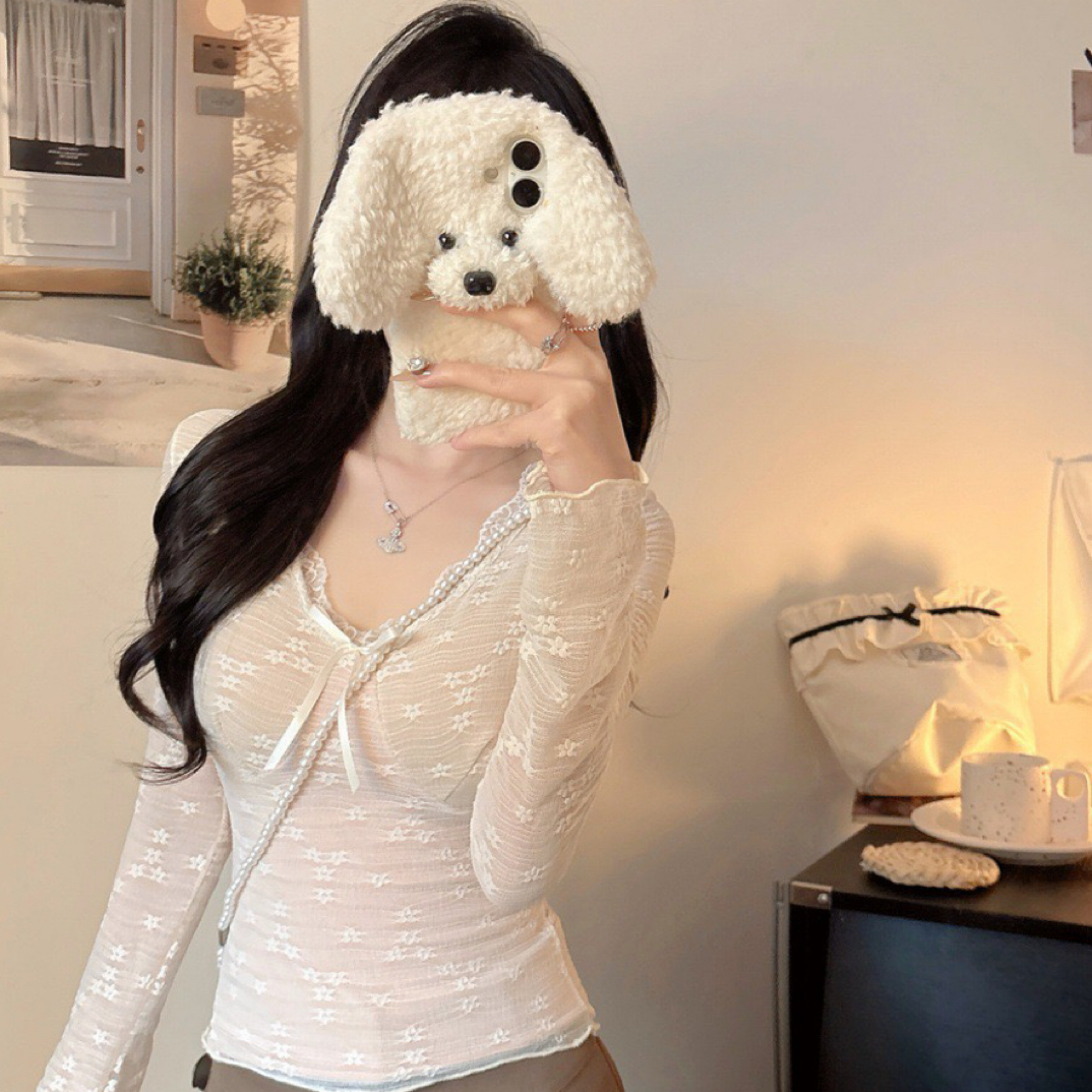 秋季新款纯欲磨毛蕾丝花边拼接长袖T恤修身显瘦女固定带胸垫