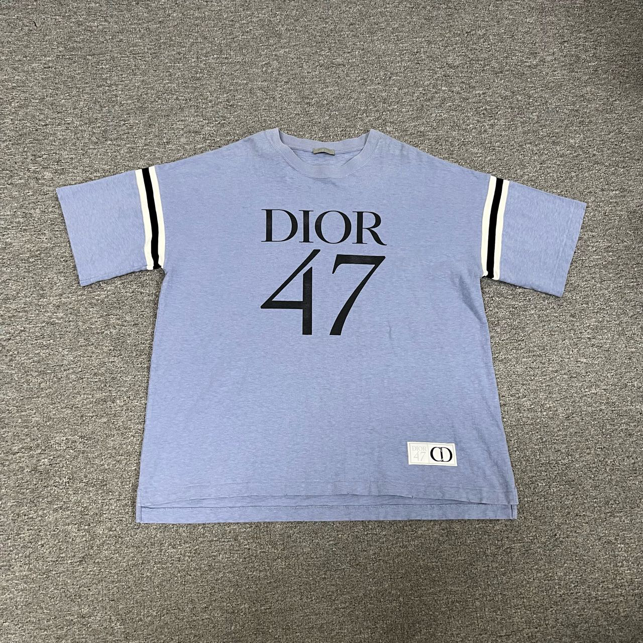 99新 DIOR/迪奥 雾霾蓝色 47 大Logo 破坏 做旧 短袖T恤 XL码