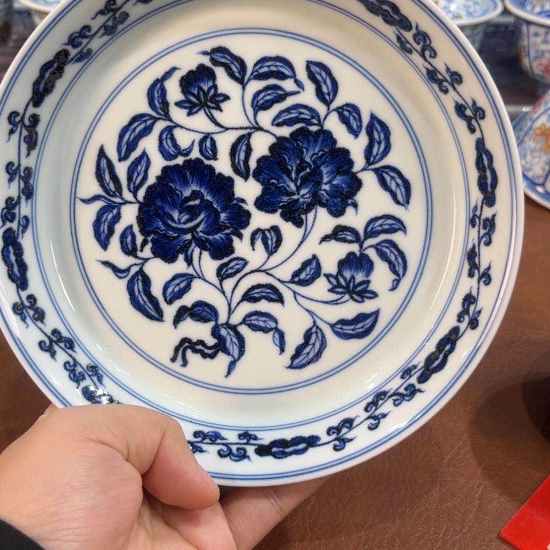 手工手绘柴窑青花牡丹花壶承