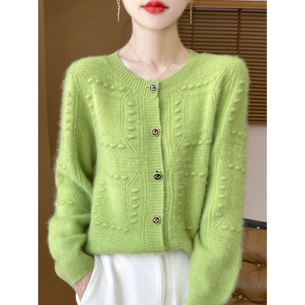 【100%纯羊毛】重工钩花开衫女圆领针织毛衣外套宽松羊绒衫外搭上衣