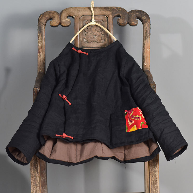 良辰/夹棉苎麻手工盘扣棉衣 原创复古偏襟棉袄超短宽松纯麻外套冬