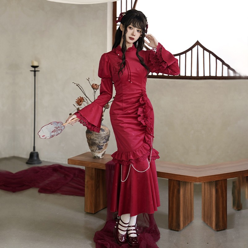 【时宜】withpuji原创设计中华风新年款蝴蝶刺绣丝绒鱼尾旗袍冬lo