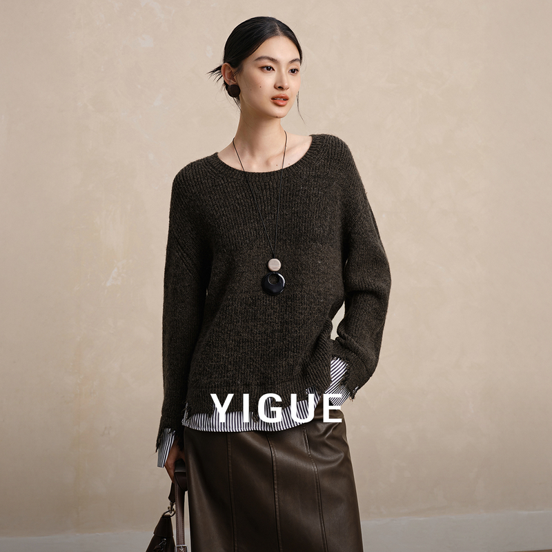 【大瑶专属】亦谷圆领针织衫毛衣女冬季新款袖口不规则T恤G5WAZ409