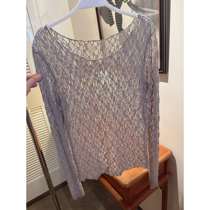 【张静芝】灰色弹力百搭褶皱蕾丝衫