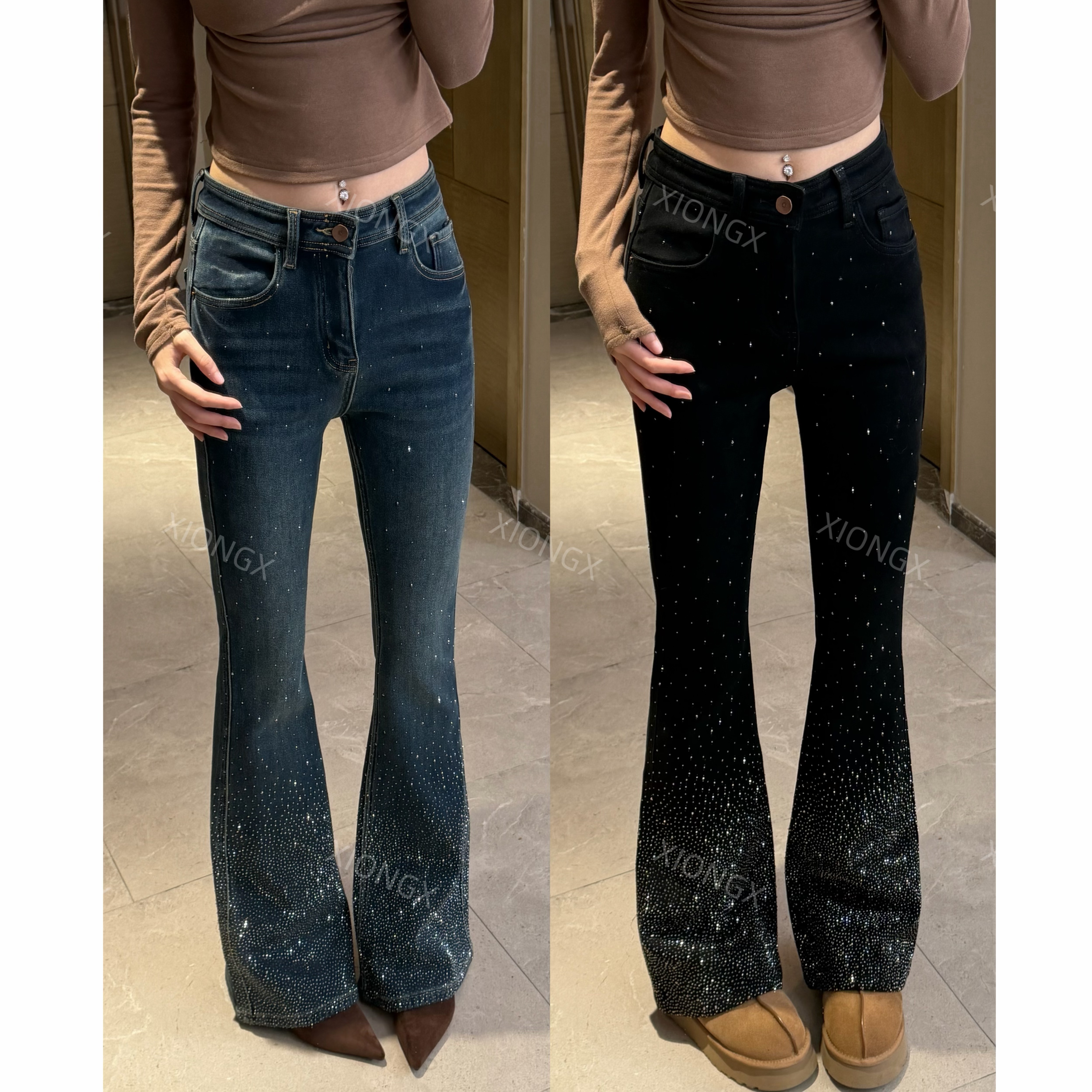 『XIONGX』冬季新款高级星空亮片加绒显瘦中高腰微喇裤