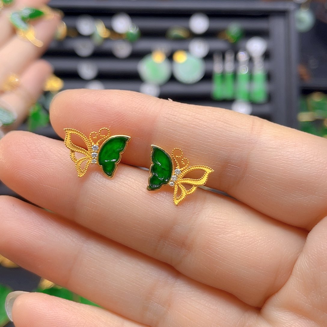 成***）翡翠18K金镶嵌耳饰天然翡翠