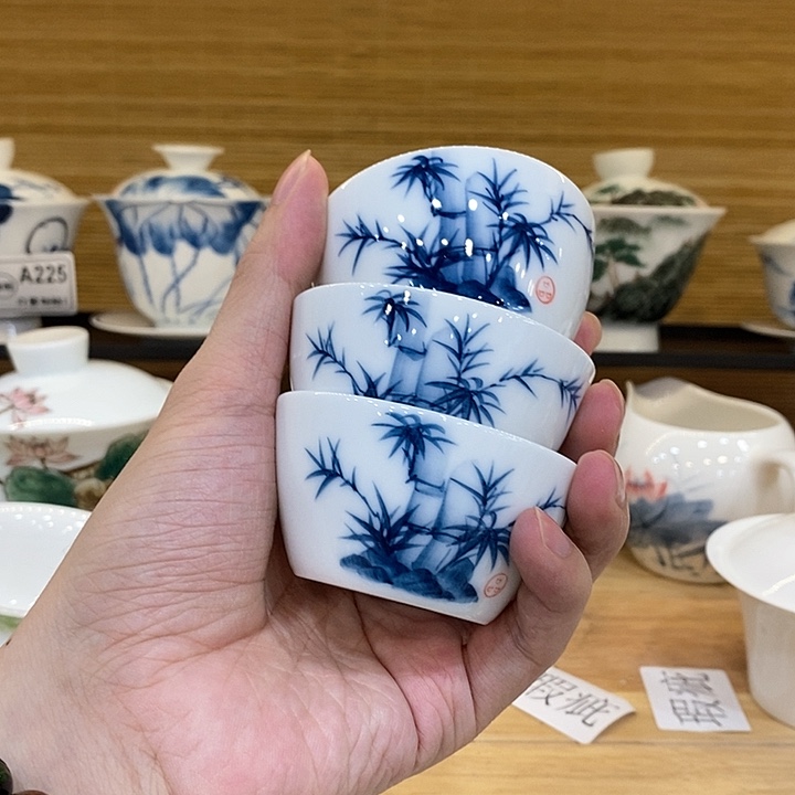 手绘竹子水缸杯3个装60cc 瑕疵福利款