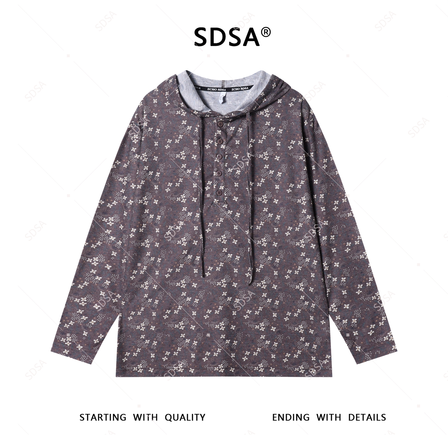 SDSA男士秋冬新款轻奢痞帅男装撞色植物花卉半纽扣连帽长袖T恤潮