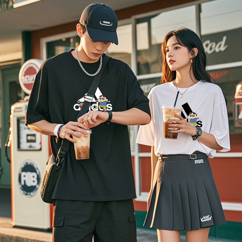 印花圆领短袖卡通撞色男士T恤百搭inst恤宽松情侣装上衣时尚