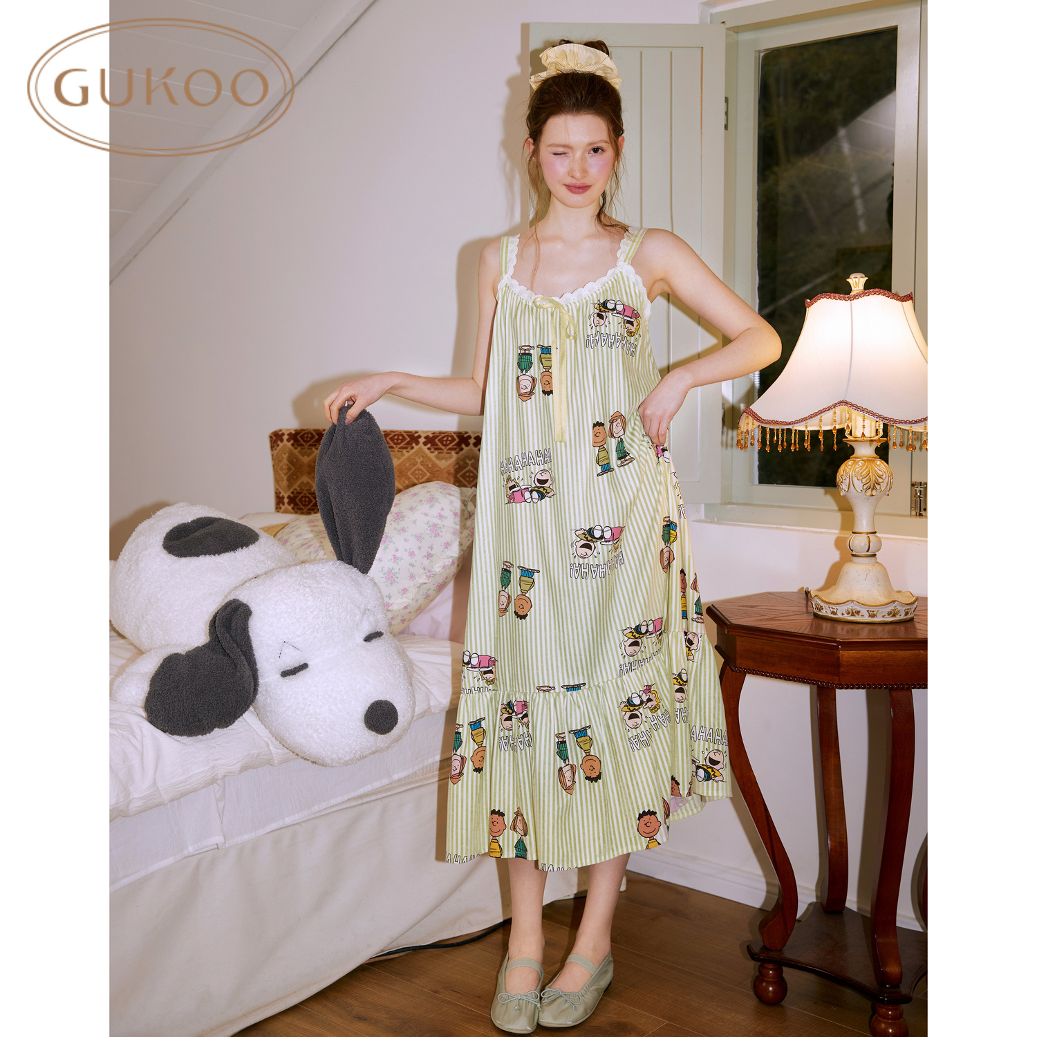 Gukoo/果壳睡裙夏季史努比联名新款条纹女士家居服吊带睡裙