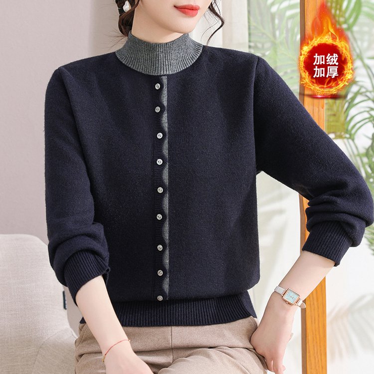 加绒春秋两版不易起球保暖女中老年不褪色圆领针织女士9127洋气