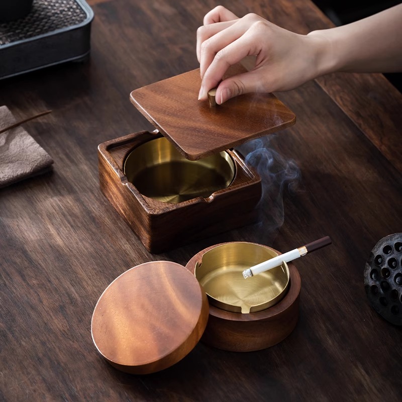 中式带盖实木烟灰缸高级感家用客厅办公室轻奢创意装饰