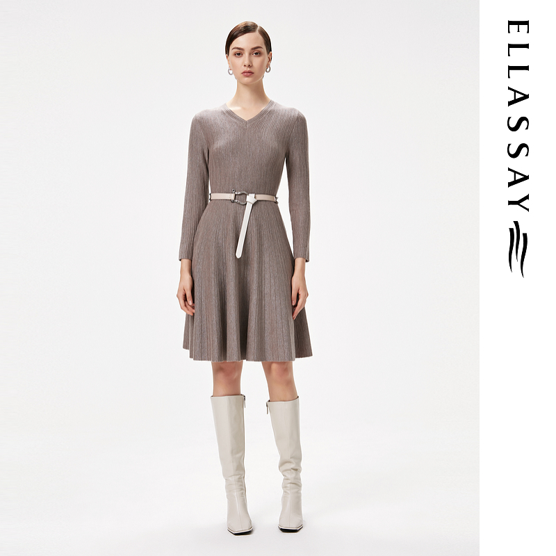 【贤哥专属】ELLASSAY秋季新款细闪长袖V领连衣裙女EWF324M00600
