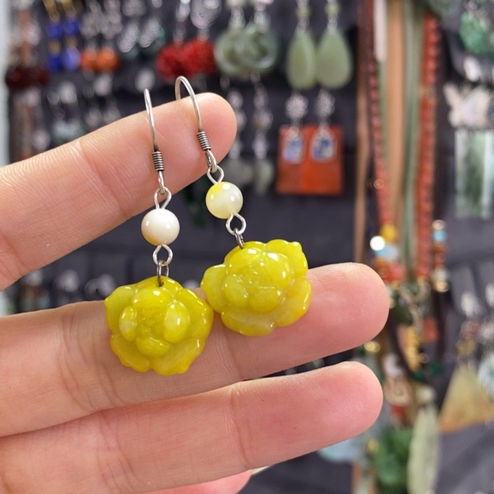 翡翠耳饰银S925镶嵌烧黄翡耳坠