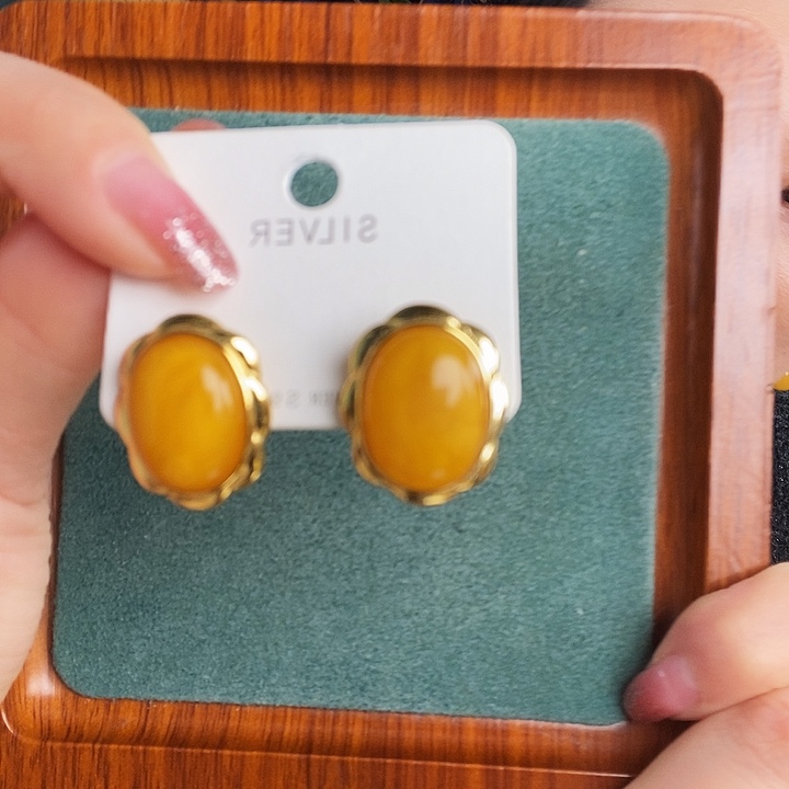 蜜蜡银S925镶嵌耳饰耳钉