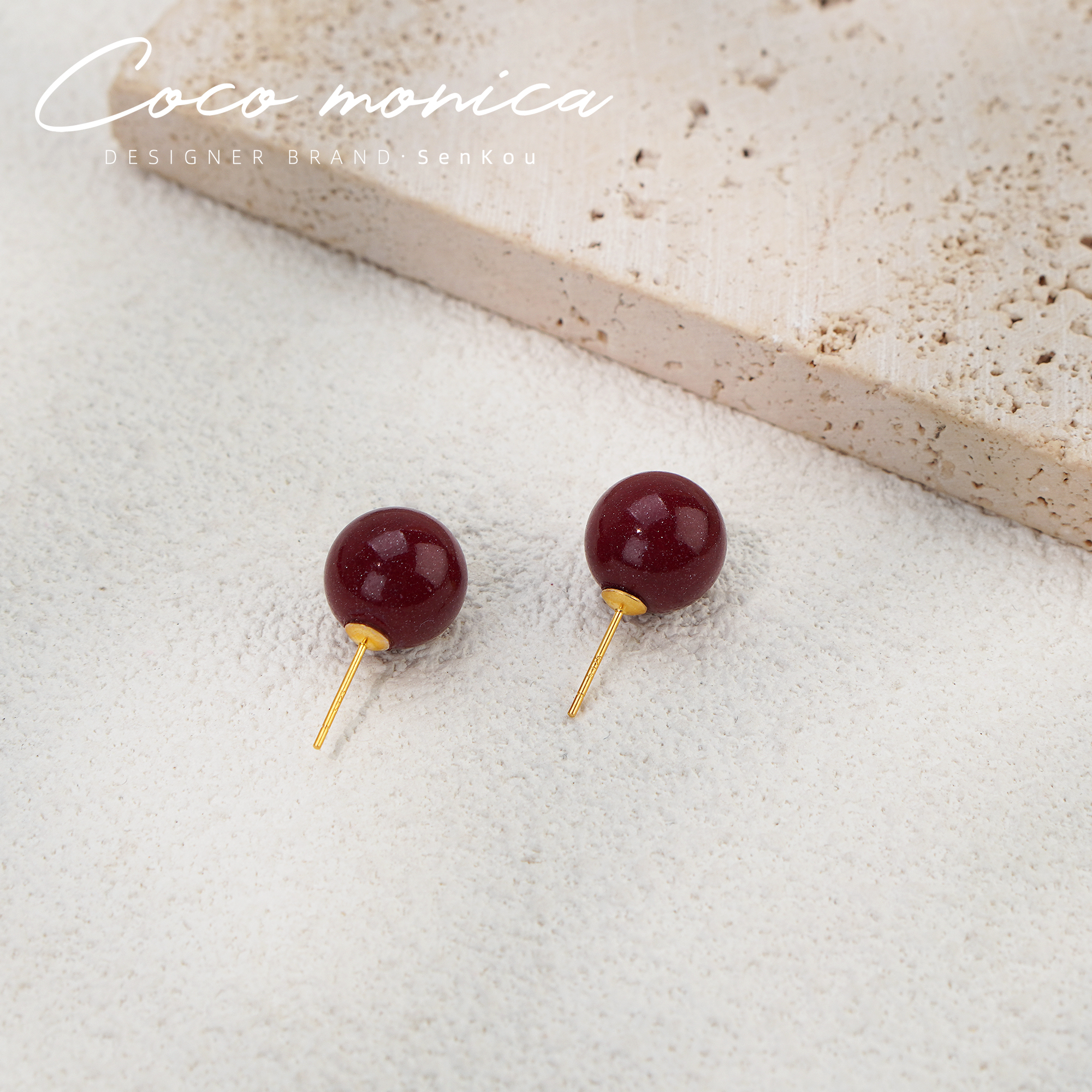 含辰砂工艺品【小霞珠宝】925银针小众朱砂耳钉百搭夏季AC671