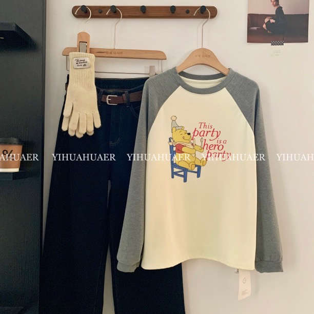 【维尼开餐】B东大门韩国原单韩系慵懒磨毛插肩袖卡通印花T恤2111
