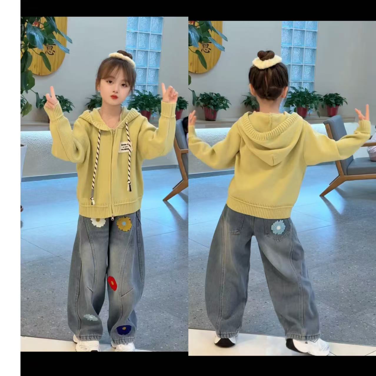 女童秋冬时尚连帽毛衣外套2025新款儿童冬季洋气刺绣牛仔裤套装