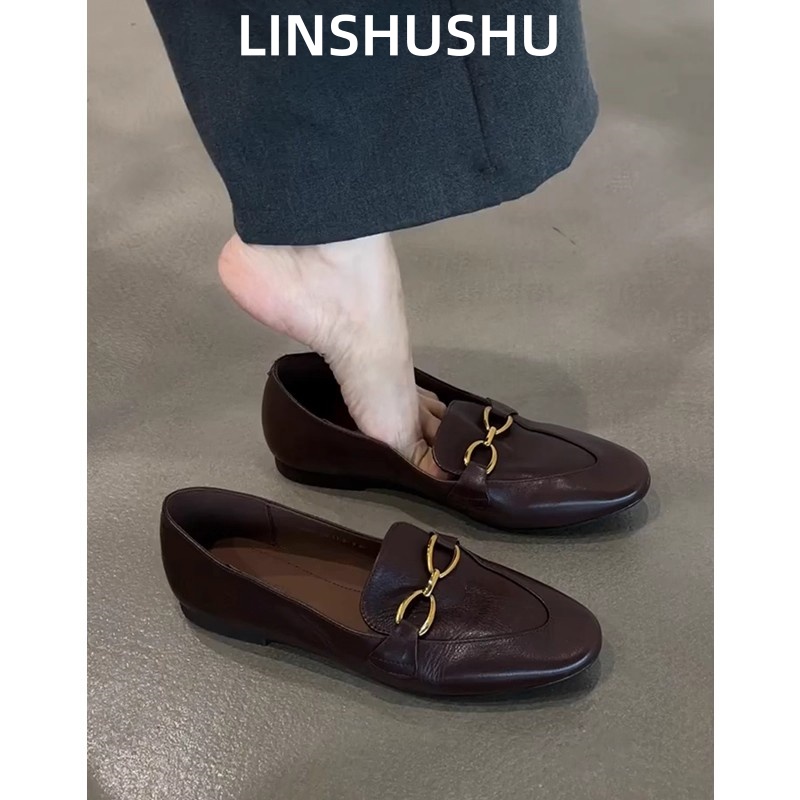 牛皮版~2025新款浅口女鞋黑色职业工作鞋简约风金属扣瓢鞋不累脚