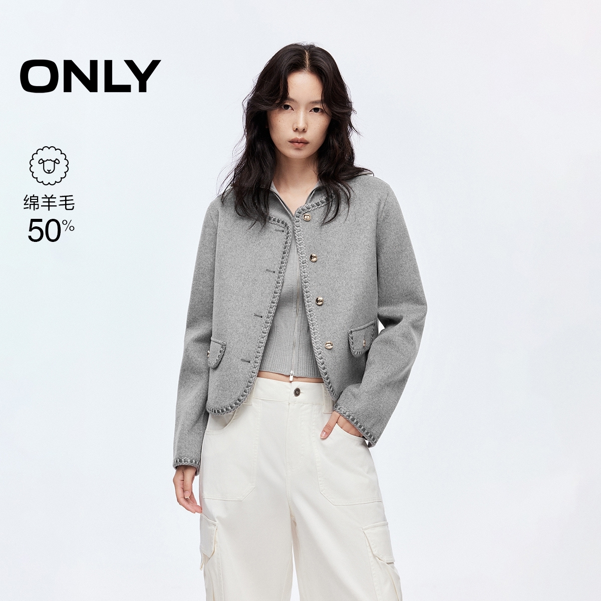 2025冬季新款双面呢含绵羊毛正肩短款毛呢大衣女|12544T002