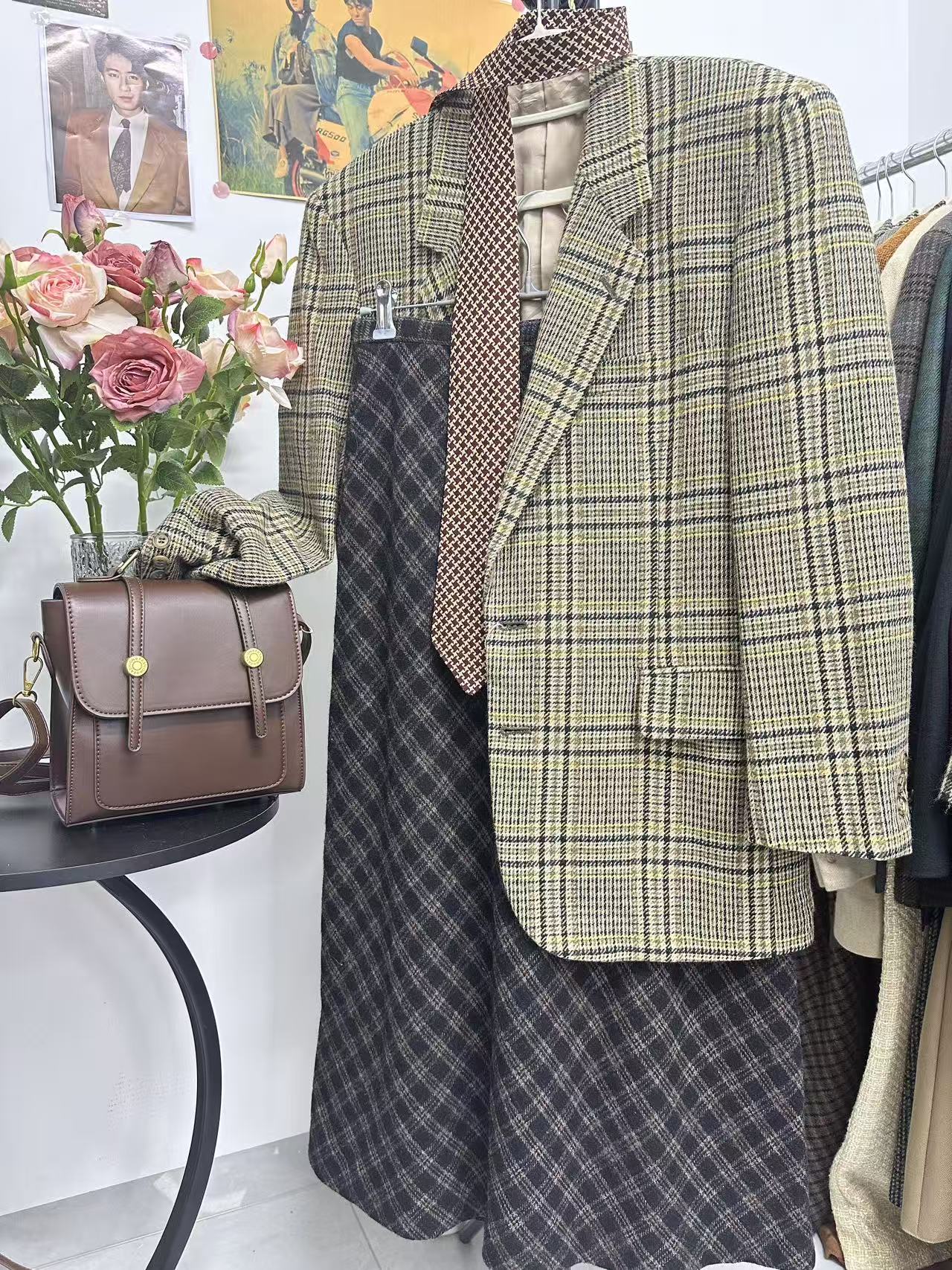 古着Vintage裙子格子裙半身裙搭配马甲西服经典复古百搭女士