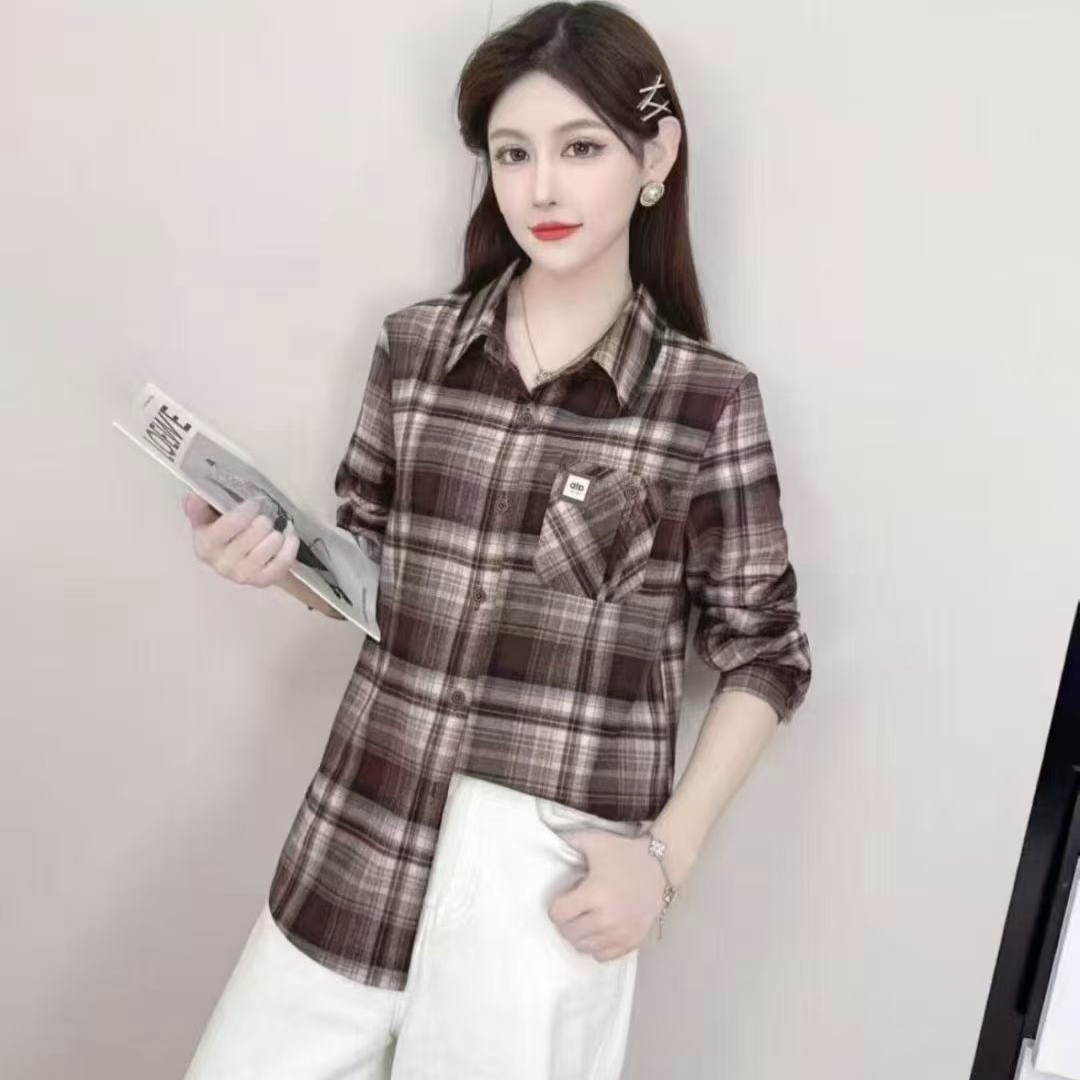 女士韩版春秋新款宽松显瘦格子衬衫外套长袖短款洋气百搭上衣