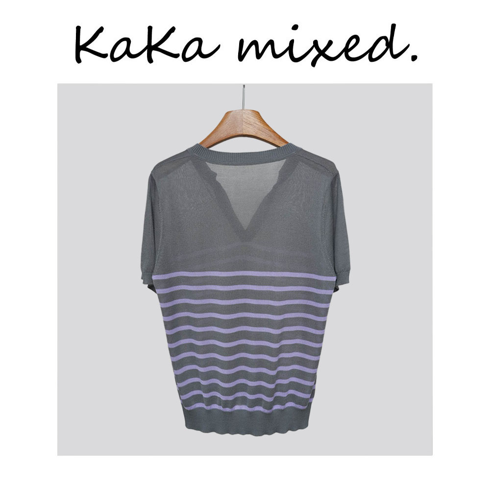 薄款刺绣V领常规条纹中老年女装修身针织衫半袖时尚