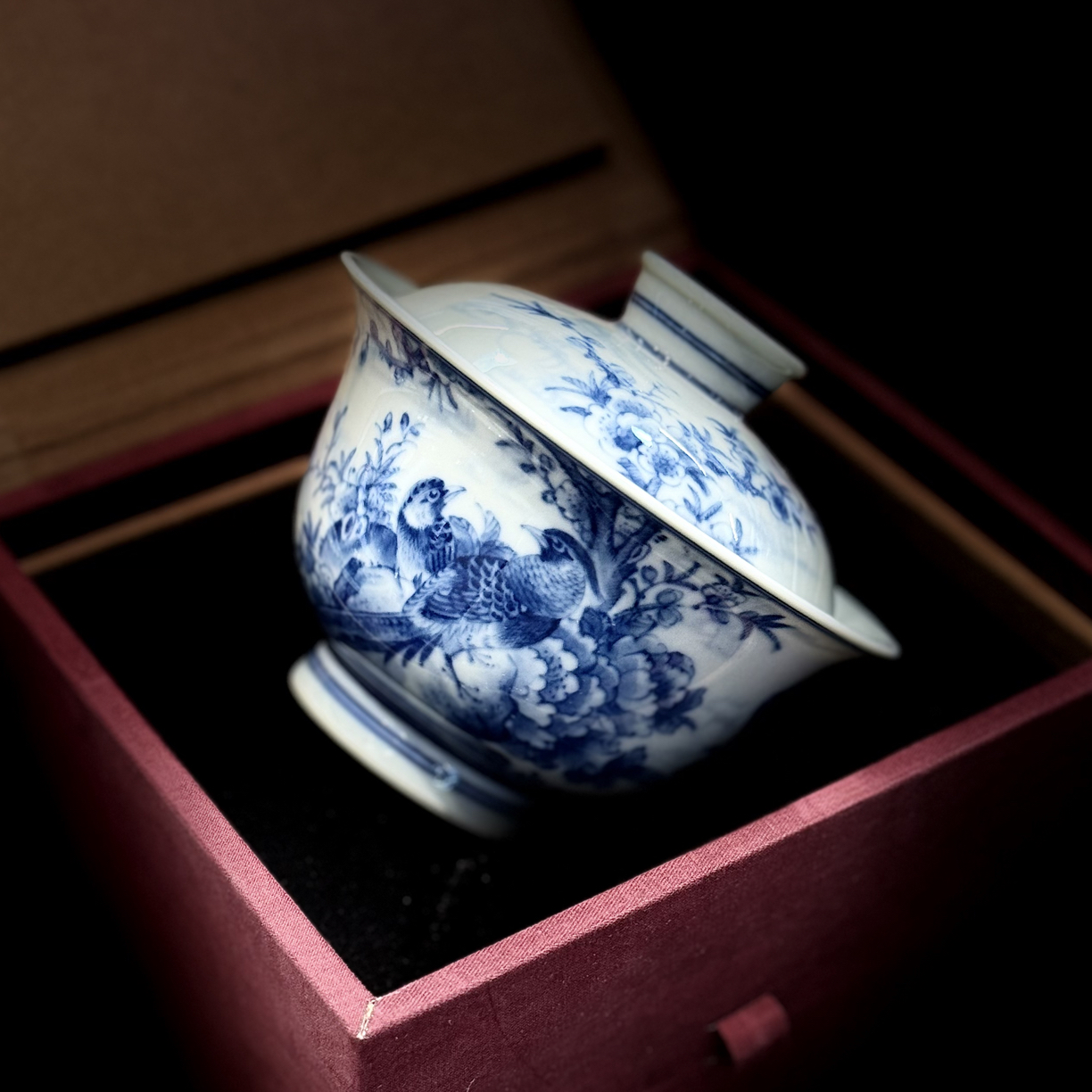 禄意窑青花花鸟三才盖碗