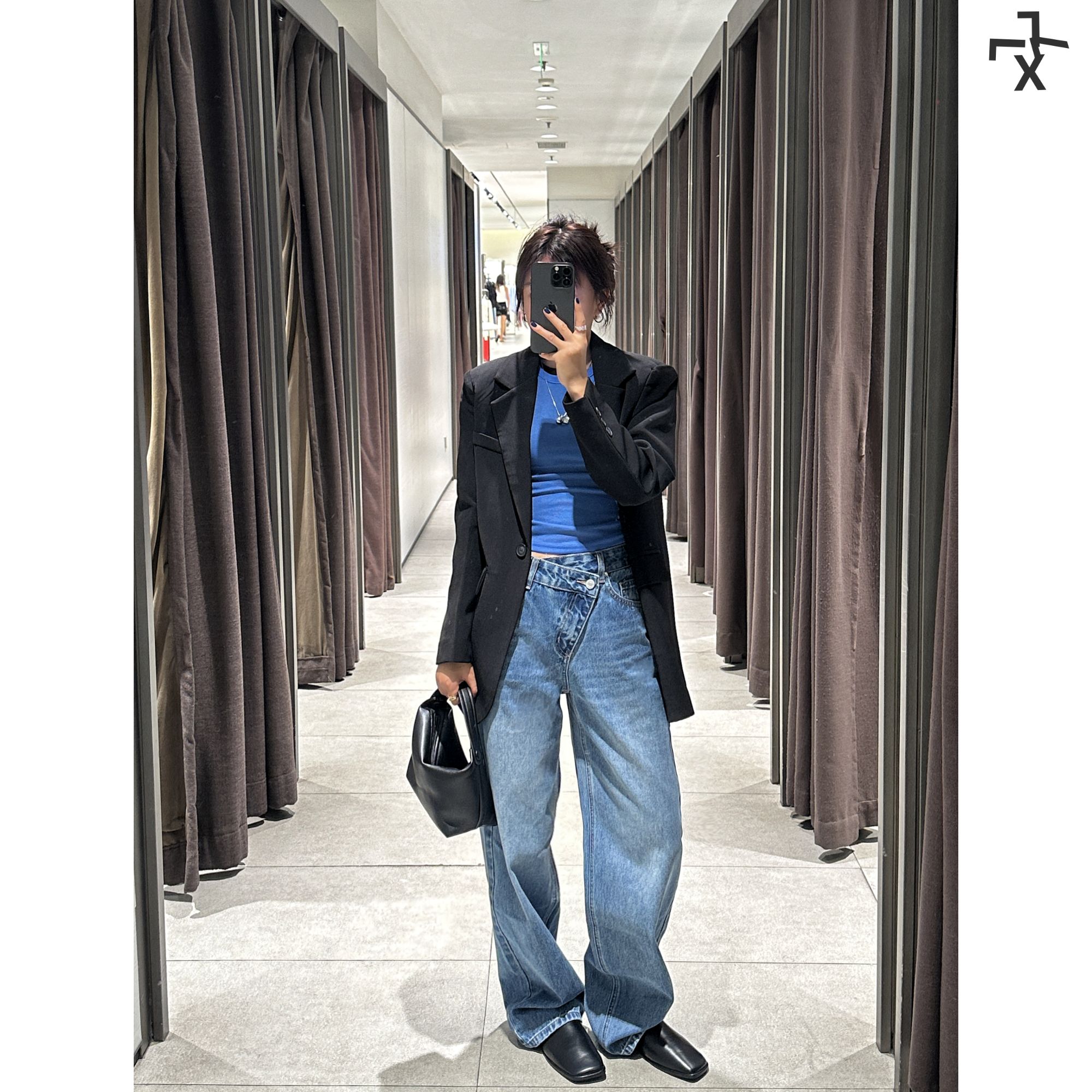 LLX7-ST2025新款老爹拖地斜门襟中腰无弹水洗蓝时尚百搭牛仔长裤