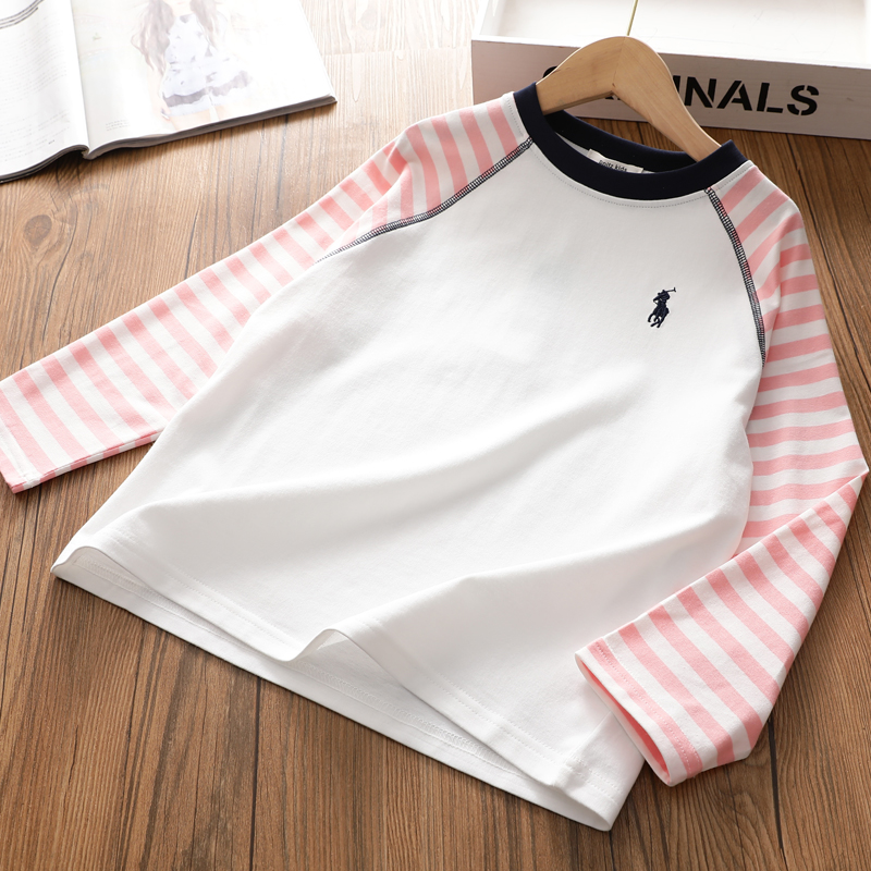 女童春季新款百搭打底衫撞色条纹袖刺绣卡通长袖T恤上衣