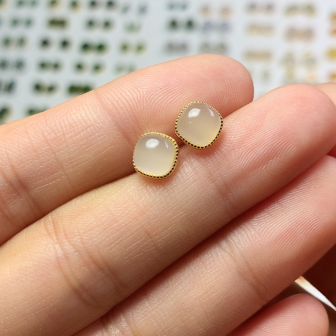 银S925镀金镶嵌和田玉（白玉）耳饰