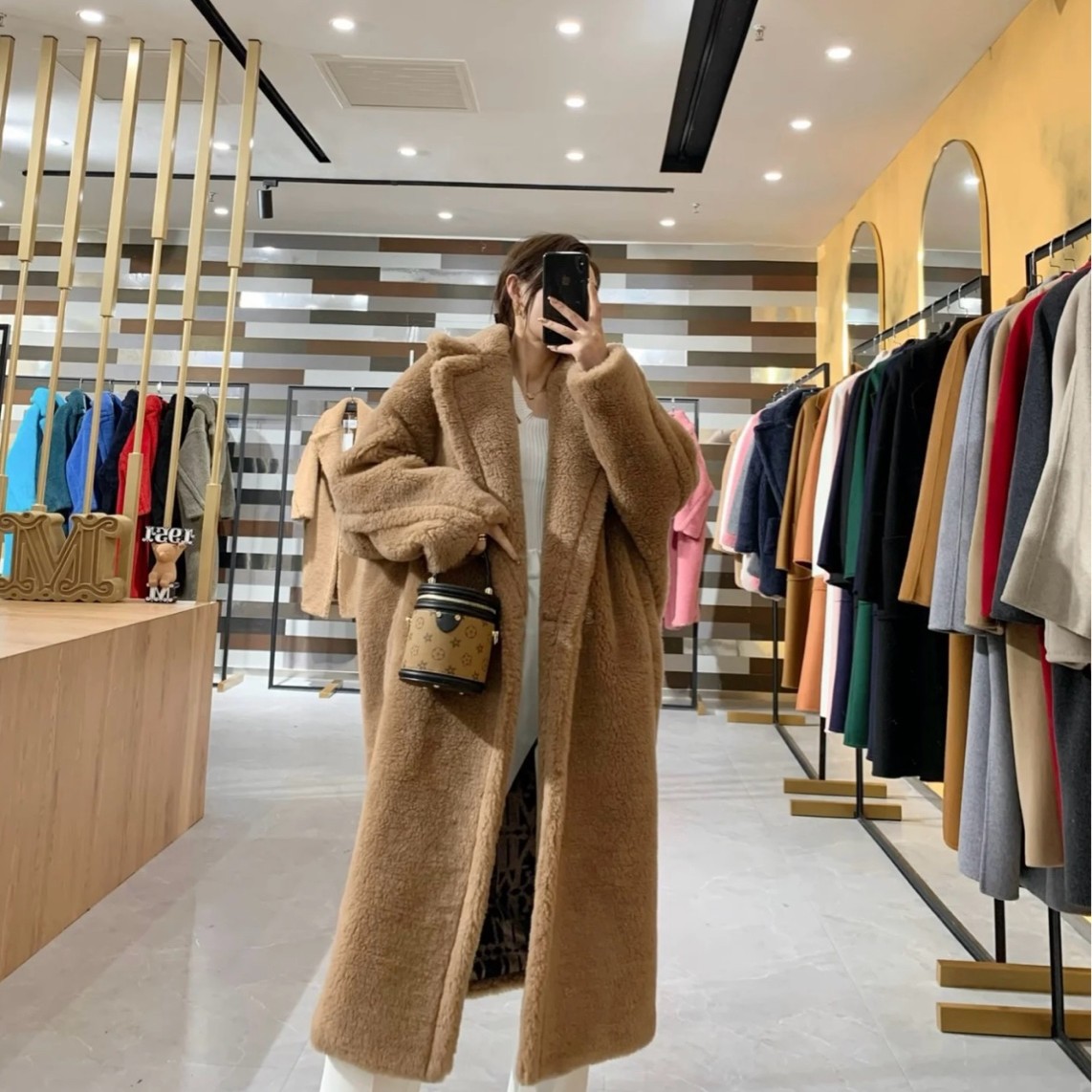 99新 MaxMara 003007 Teddy系列经典泰迪熊长款休闲翻领大衣 M码 