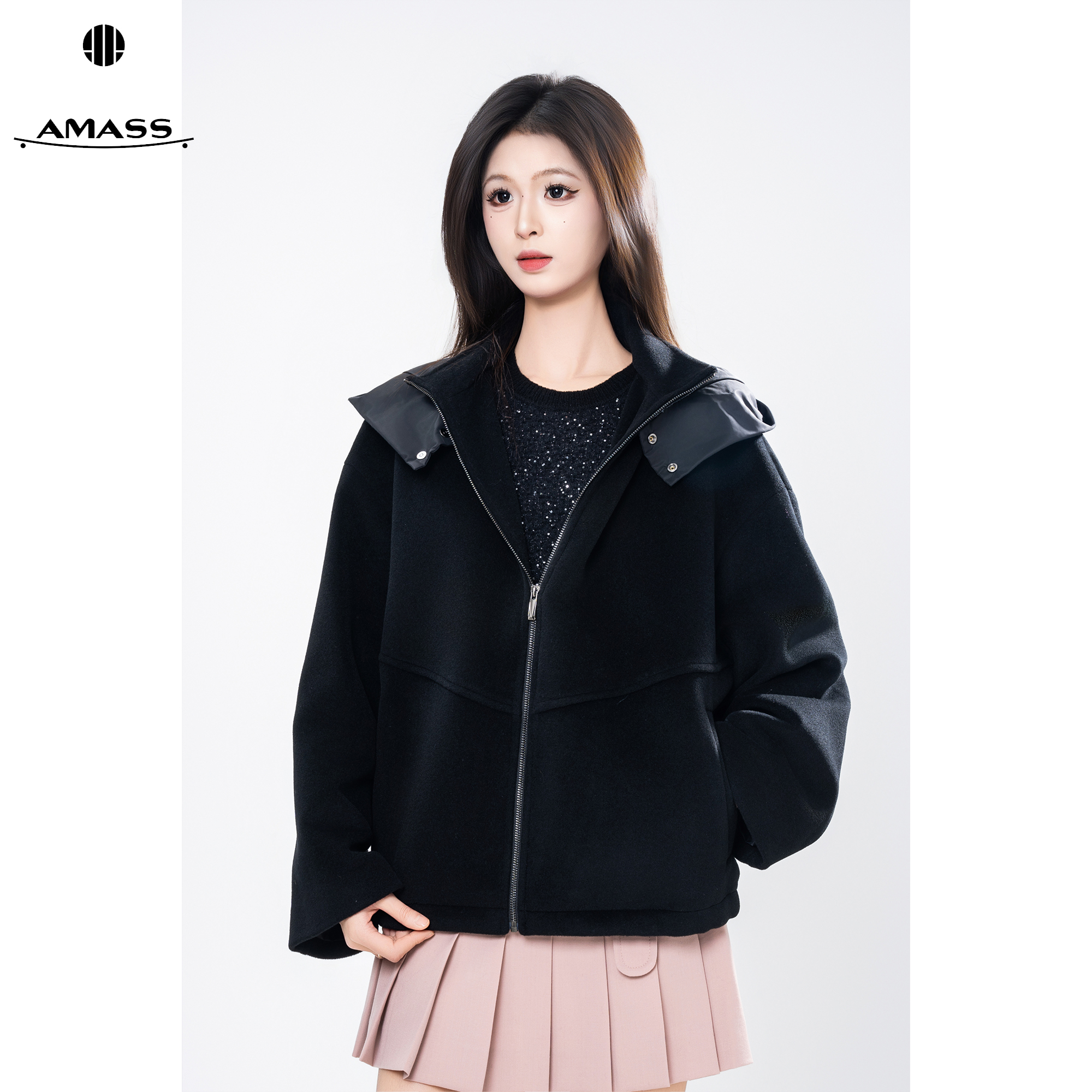 AMASS/阿玛施秋冬新款休闲质感百搭连帽宽松时尚毛呢外套女540043