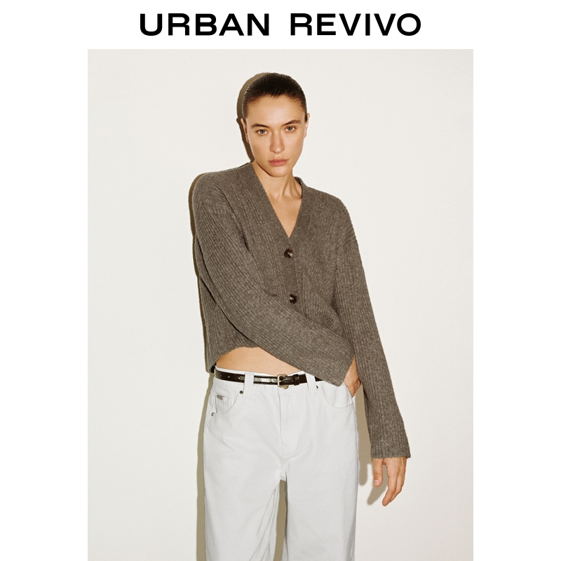 UR2025秋季新款女装休闲扭结V领单排扣短款针织衫UWH950138